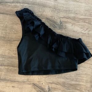 #0368 NWT WOMEN’S RUFFLE ONE SHOULDER TOP CROPPED SIZE:MED COLOR: BLACK